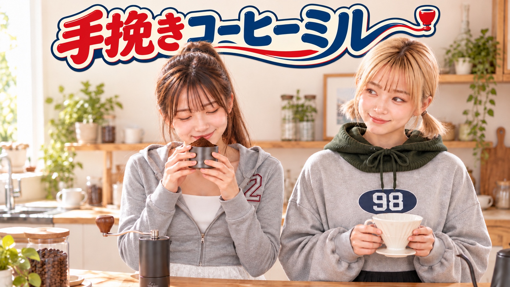茶髪ポニーテールでグレーのパーカー姿のYUMEが挽いた粉の香りを楽しみ、金髪ツインテールのHINATAがドリッパーを持って笑顔で待つ。手挽きコーヒーミルのタイトルロゴ。