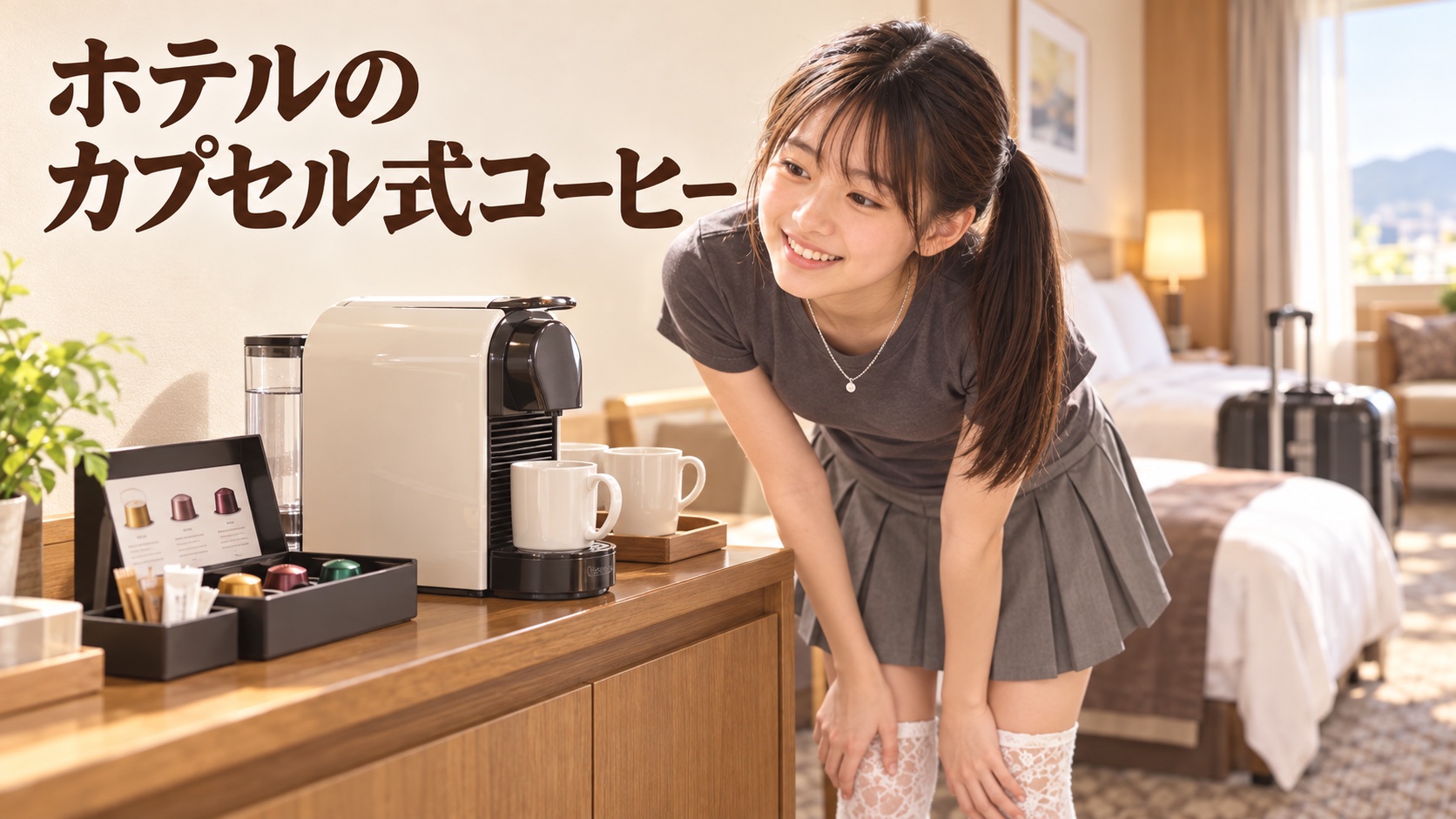 家族旅行で泊まったホテルの客室で、グレーの服とポニーテールのYUMEが抽出前のカプセル式コーヒーマシンを覗き込む場面