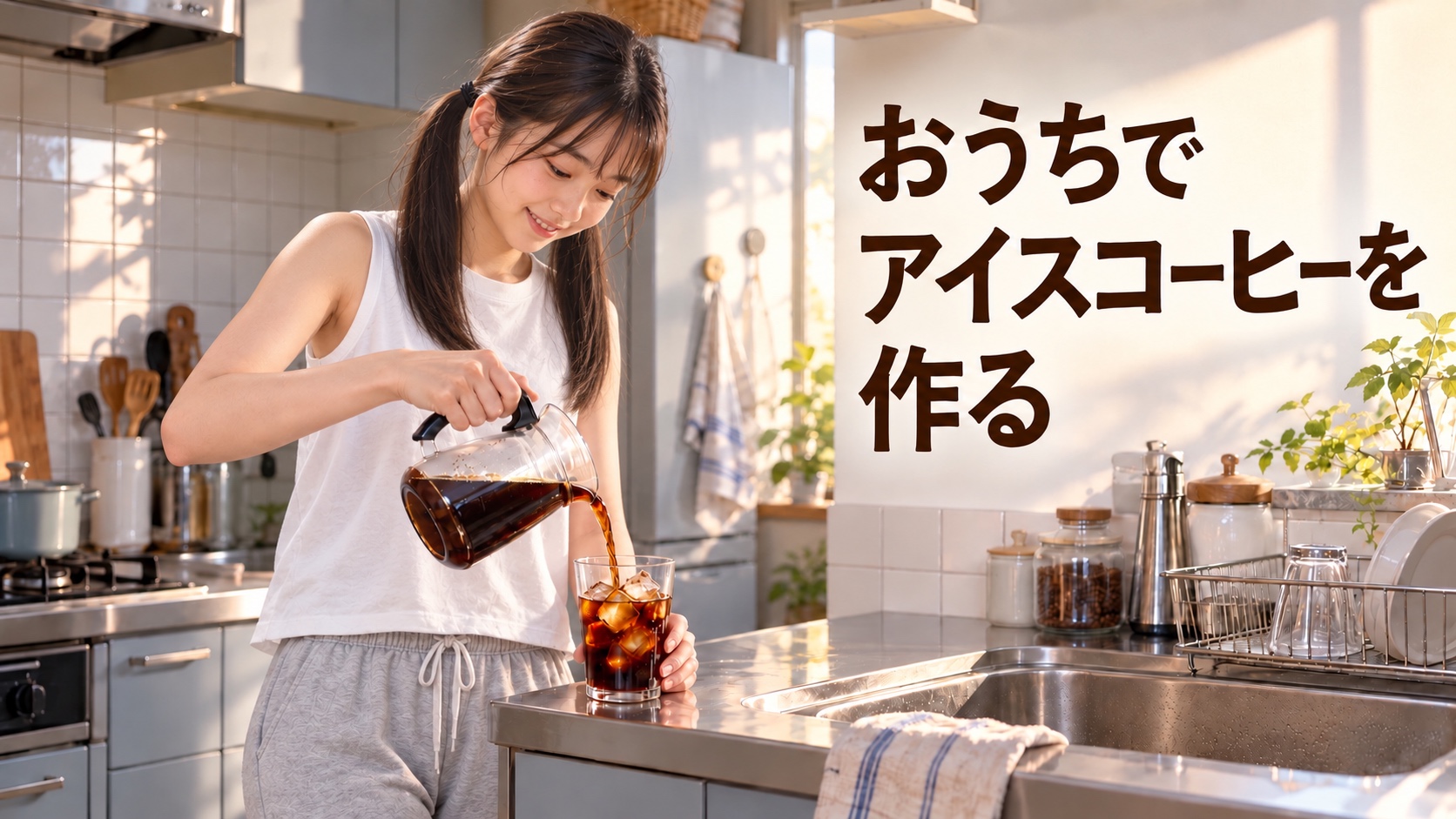 白いタンクトップとグレーの部屋着で、家のキッチンで氷のグラスにコーヒーを注ぐツインテールの女の子