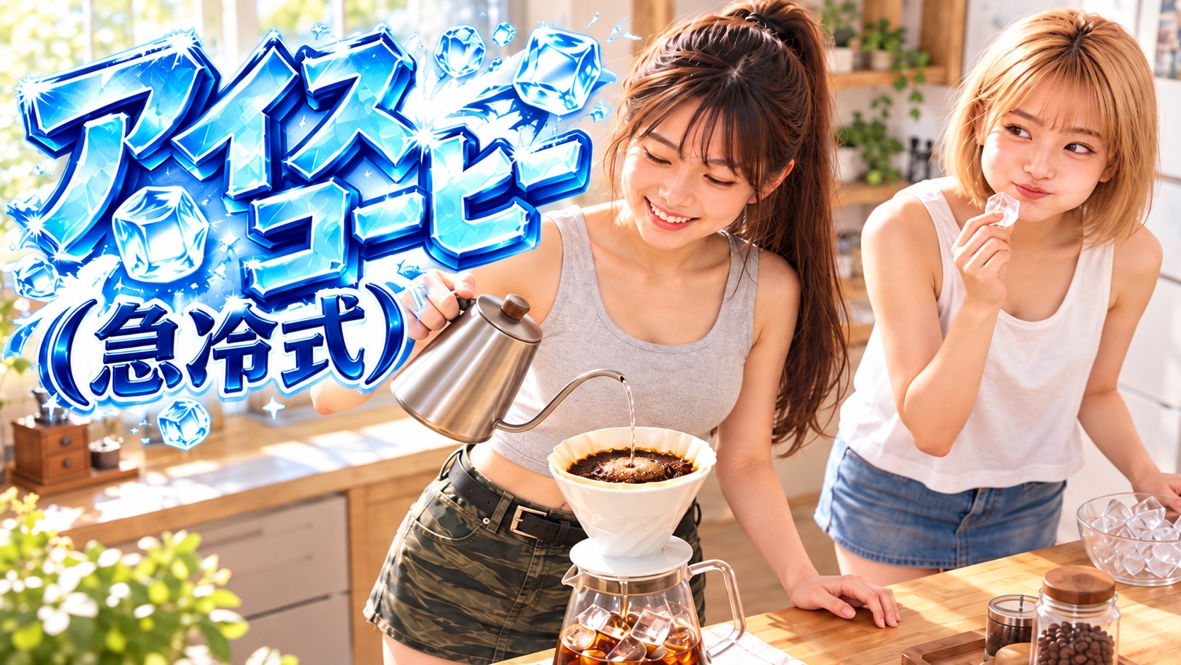 急冷式をドリップするYUMEと、片頬を膨らませて次の氷を口元へ運ぶHINATA
