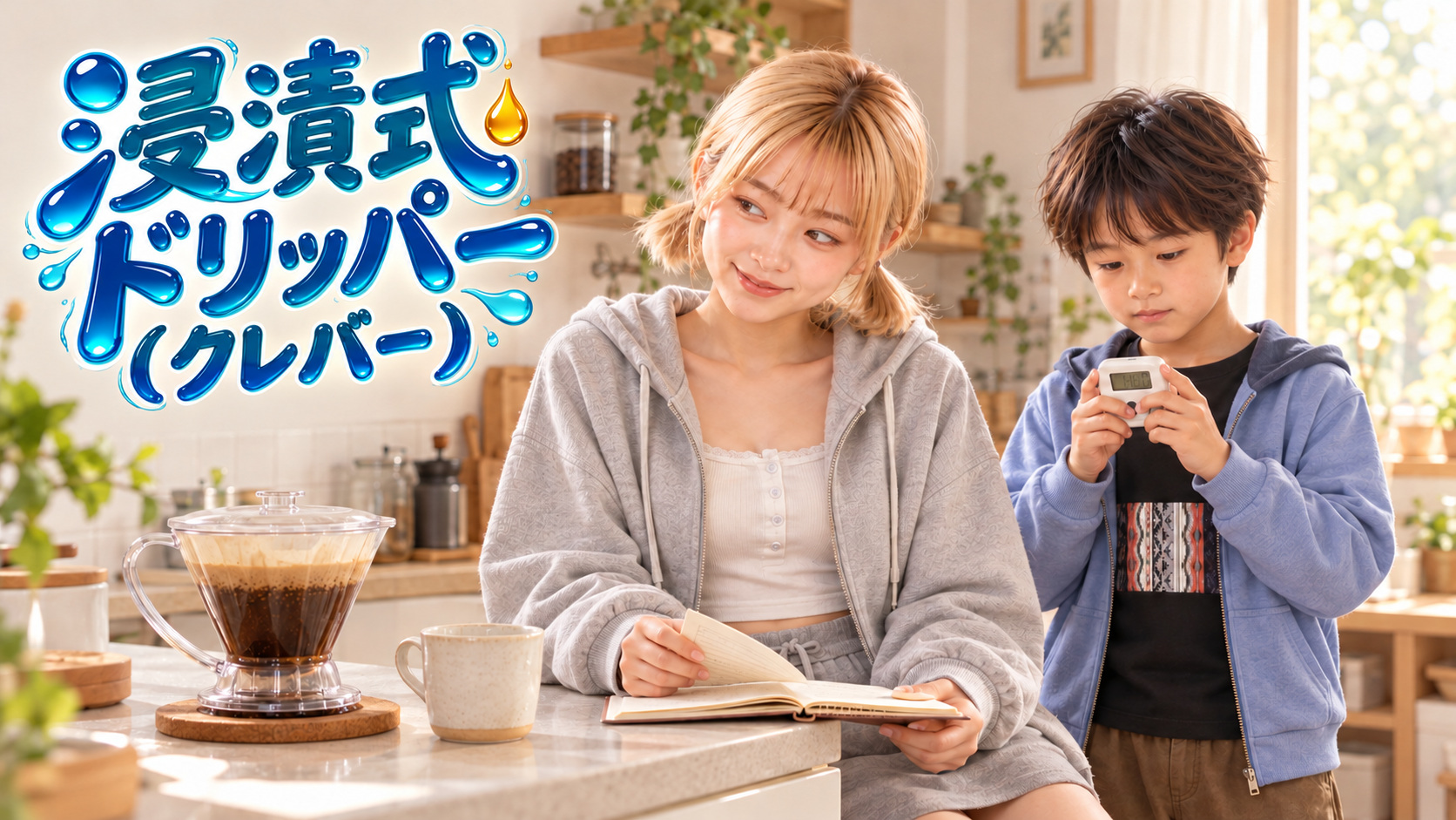 クレバーの抽出を待ちながら、レシピ帳を見るHINATAと計時するYUTA