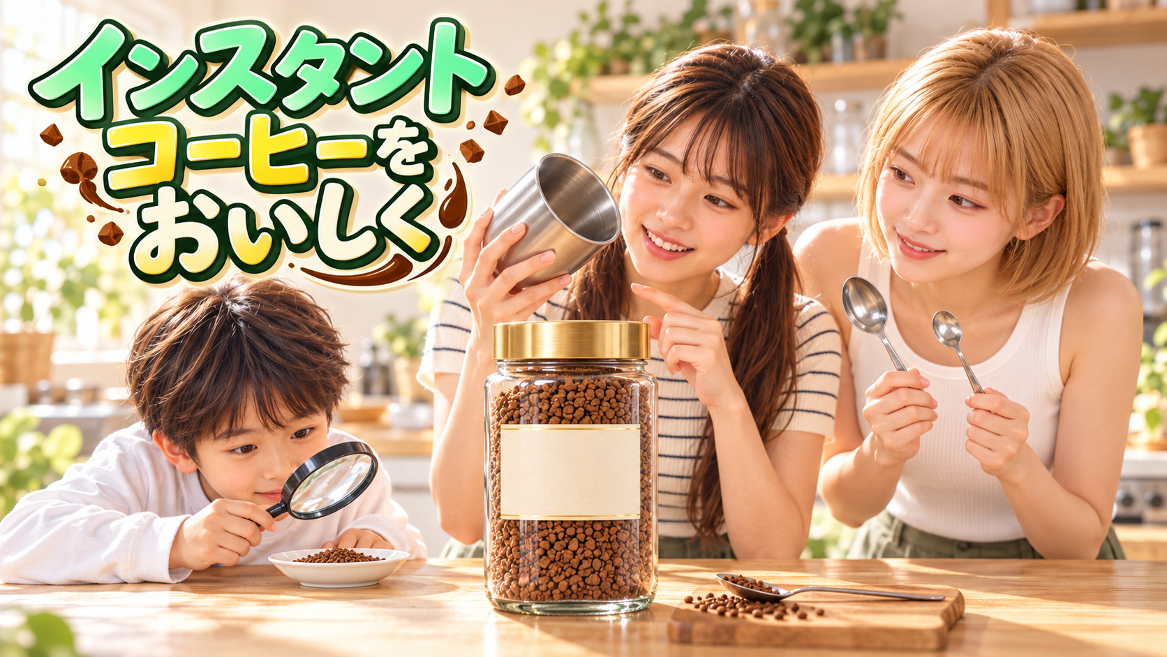 粒状インスタントコーヒーの瓶を囲み、タンブラーやスプーンを見比べる珈琲家族