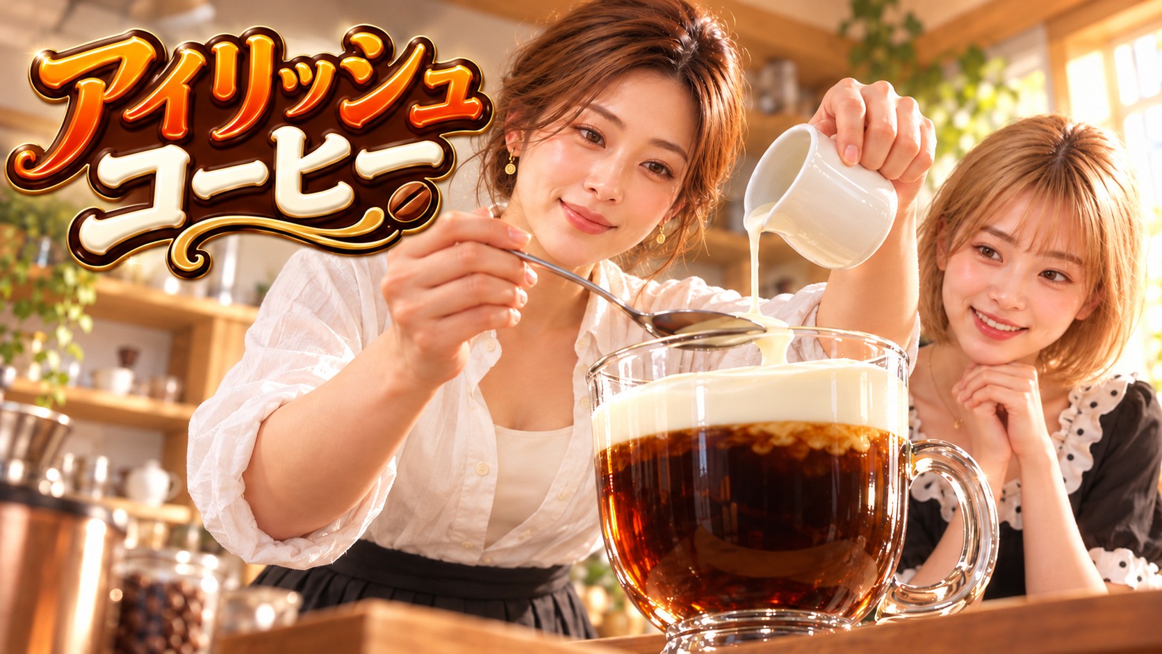 大きなグラスへクリームを注ぐ母と、見守る金髪ボブの長女。アンバーとクリーム色の「アイリッシュコーヒー」のタイトル