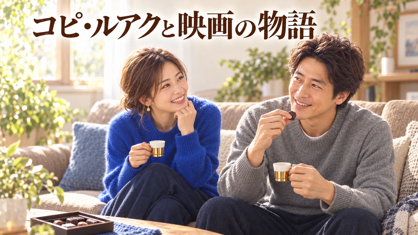 リビングのソファで、青いニットのKANNAがグレーのニットのTAKERUを見上げて笑い、小さな白と金色のカップでコーヒーを楽しむ場面。