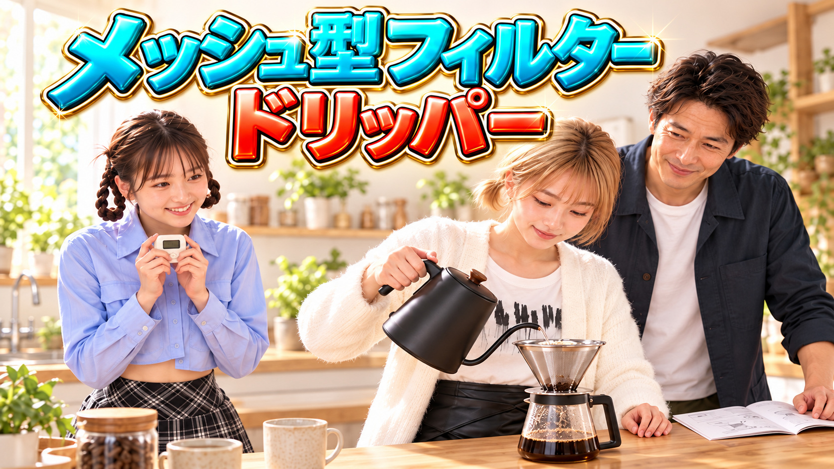 初めてメッシュドリッパーでコーヒーを淹れるHINATAと見守るYUME・TAKERU。メッシュ型フィルタードリッパーのタイトル