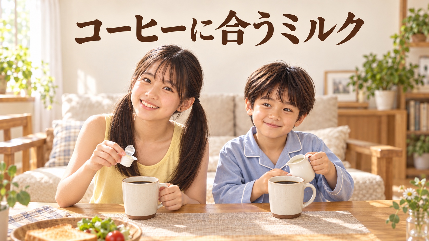朝のリビングで黄色いタンクトップ姿のYUMEがフレッシュを、パジャマ姿のYUTAが牛乳をコーヒーに加えようとする場面