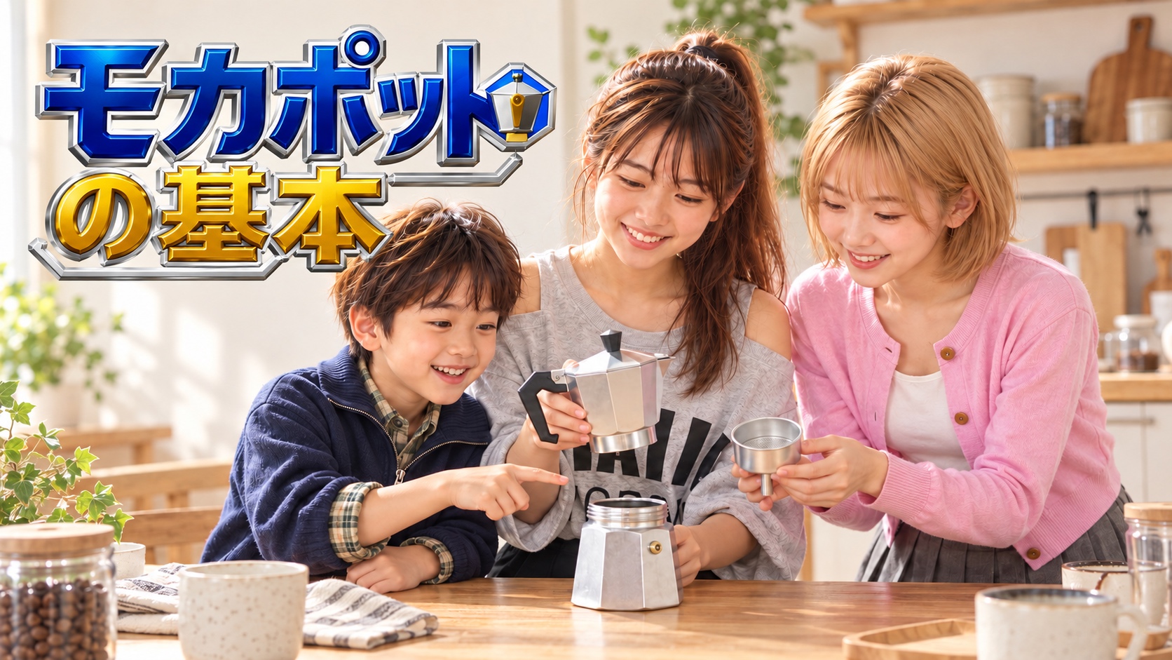 冷えたモカポットの部品をパズルのように組み立てるYUME、HINATA、YUTA。モカポットの基本