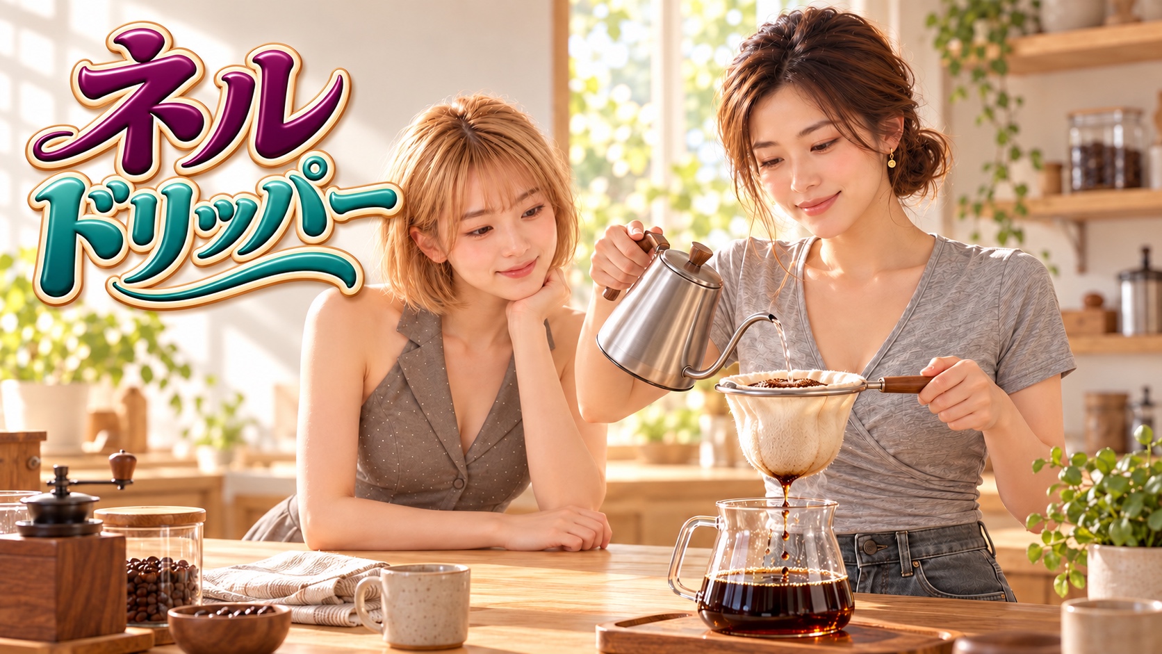 青緑とプラム色のネルドリッパーの題字。KANNAが布のネルで注湯し、HINATAが滴を見守る。