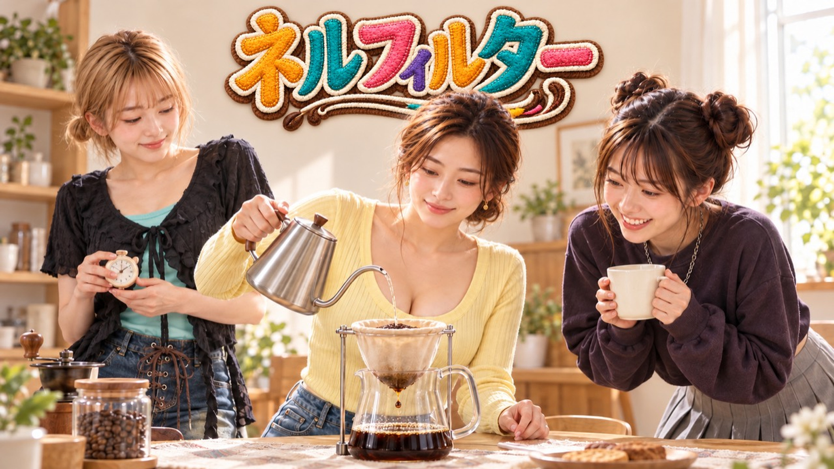 ネルフィルターでコーヒーを淹れるKANNAと、タイマーを持つHINATA、カップを手に見守るYUME