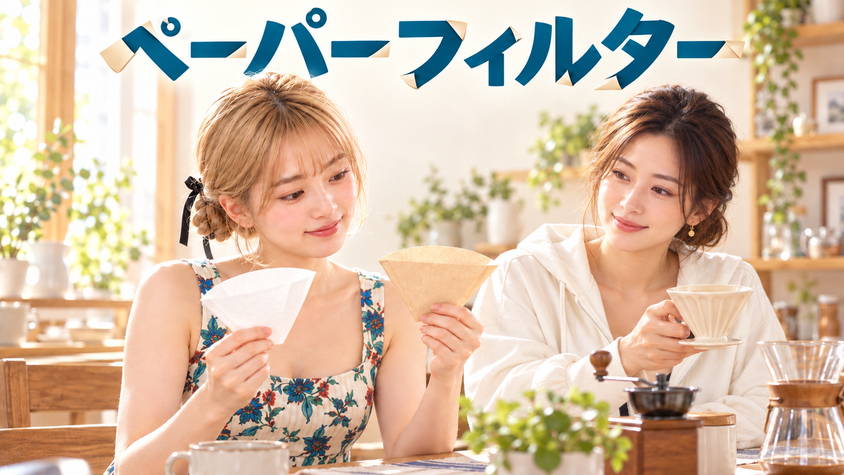 白と茶色のペーパーフィルターを見比べるHINATAと、ドリッパーを持つKANNA