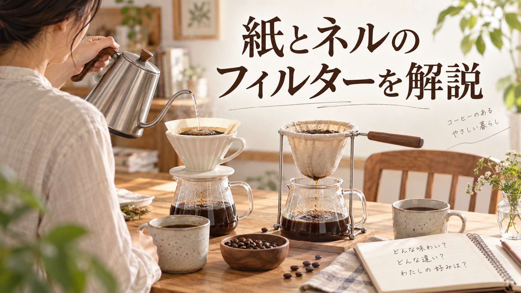 紙（ペーパー）のフィルターと、布（ネル）のフィルターを並べた図