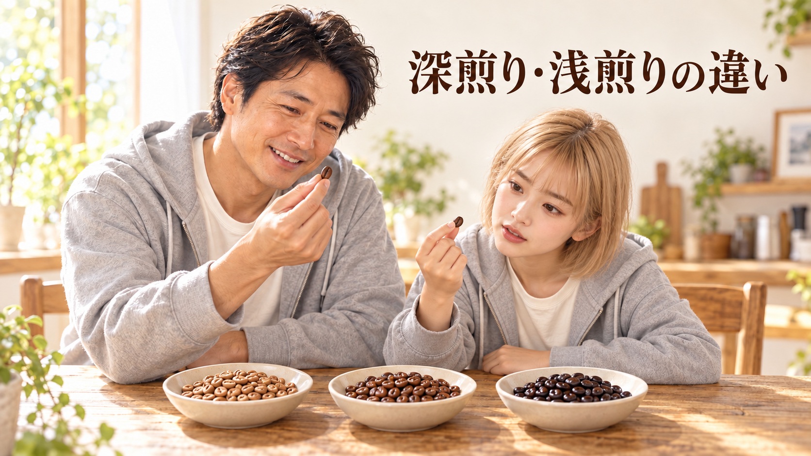 グレーのパーカー姿のTAKERUと金髪ボブのHINATAが豆を観察し、HINATAが浅煎り・中煎り・深煎りの色の違いを不思議そうに見つめる場面