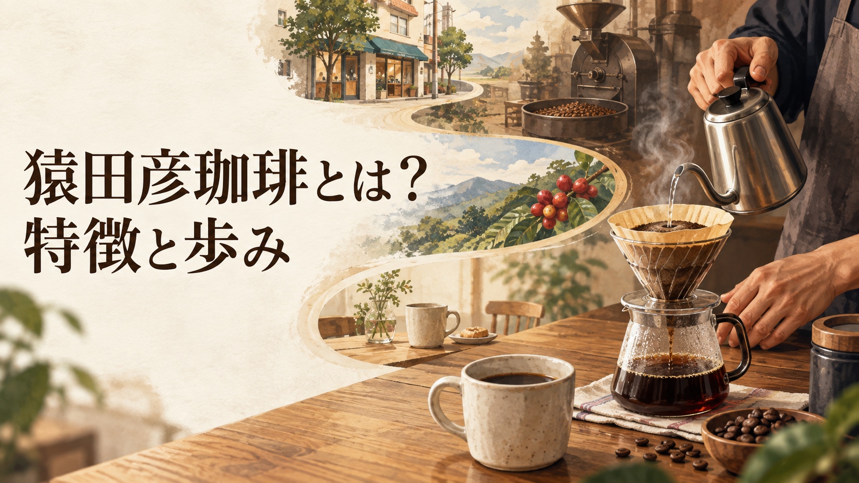 木のカウンターでコーヒーを淹れる手元と、猿田彦珈琲の歩みを表したイラスト