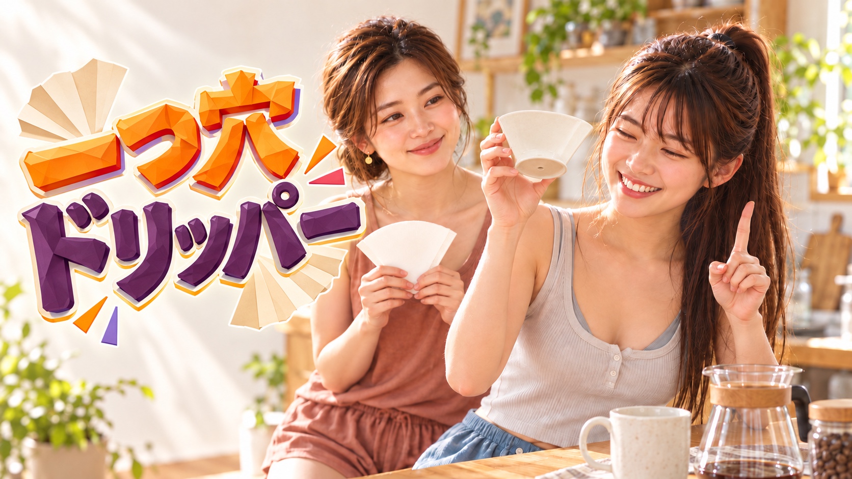 一つ穴ドリッパーを確かめるユメと、対応する紙を持って微笑むカンナ
