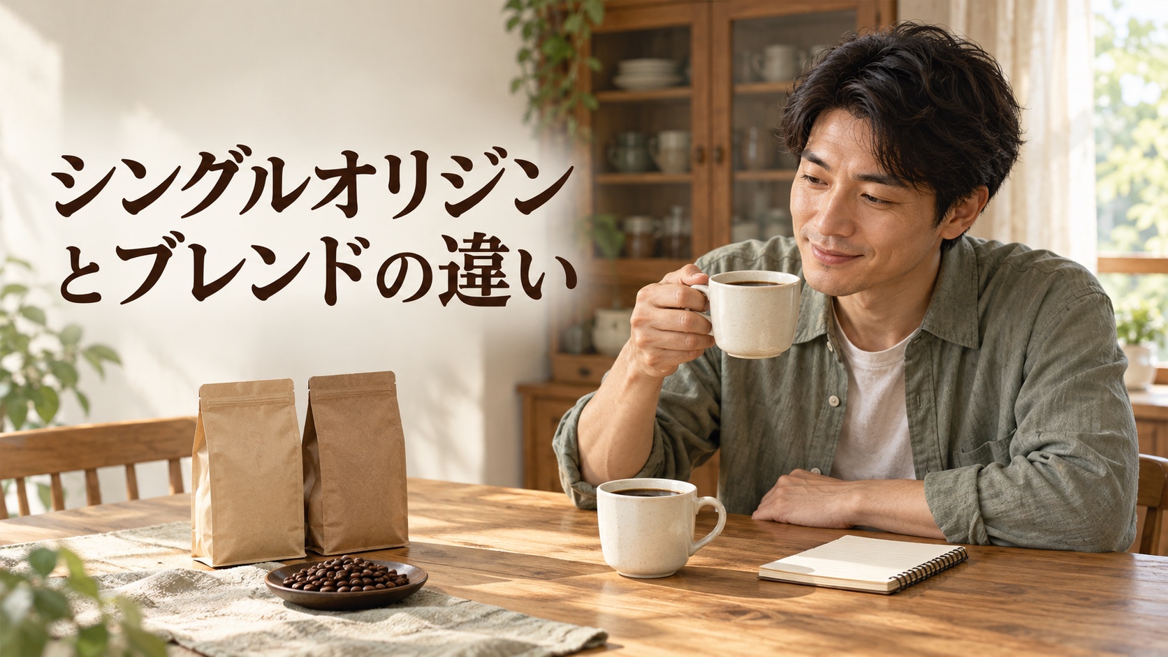 家庭のテーブルで、笑顔の成人が二つのコーヒーを飲み比べる様子と「シングルオリジンとブレンドの違い」のタイトル