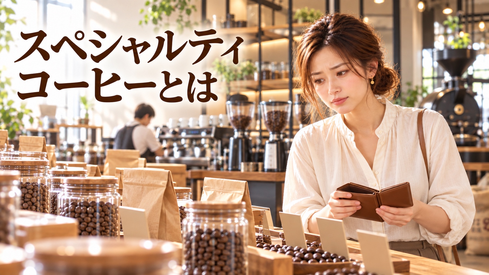 コーヒー専門店で財布を手に豆を選ぶ女性と「スペシャルティコーヒーとは」の見出し
