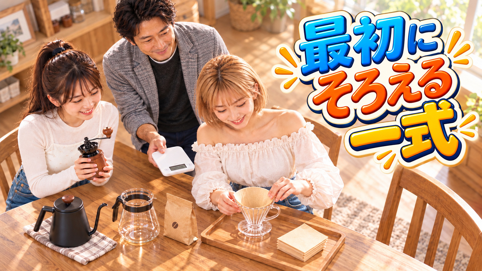 自宅のテーブルで、長女がドリッパーと対応する紙を選び、妹がミル、父が家の料理用はかりを手に道具選びを楽しむ家族