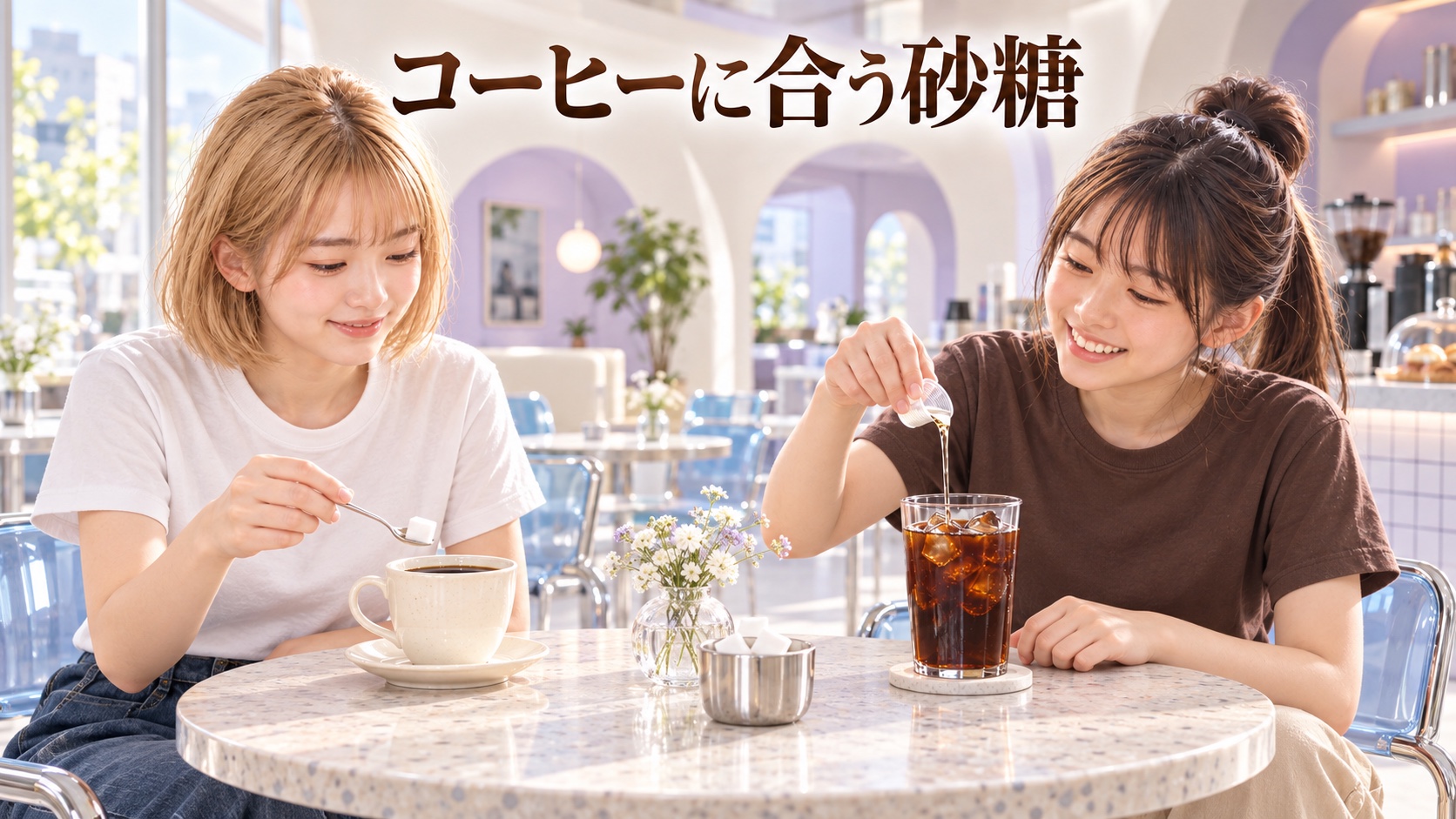 カフェで向かい合い、HINATAがコーヒーに角砂糖を、YUMEがアイスコーヒーにガムシロップを加える場面