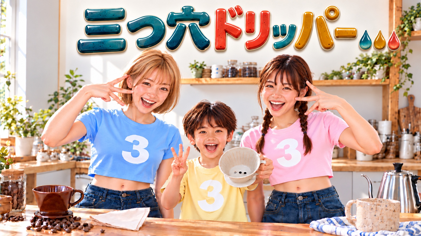 青緑・コーラル・金色の艶のある陶器文字の「三つ穴ドリッパー」と、3のTシャツ姿で笑うHINATA・YUTA・YUME。中央のYUTAが三つ穴ドリッパーを前に見せている