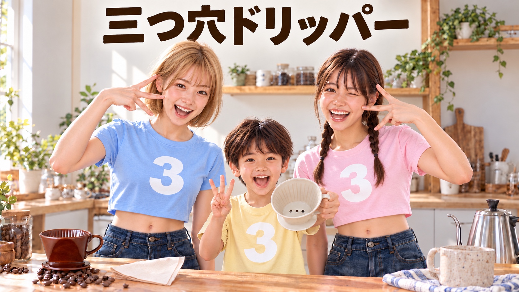 薄青・薄黄・薄ピンクの3のTシャツを着たHINATA・YUTA・YUMEが元気に笑い、中央のYUTAが右手で3のポーズ、左手で三つ穴ドリッパーを前に見せている