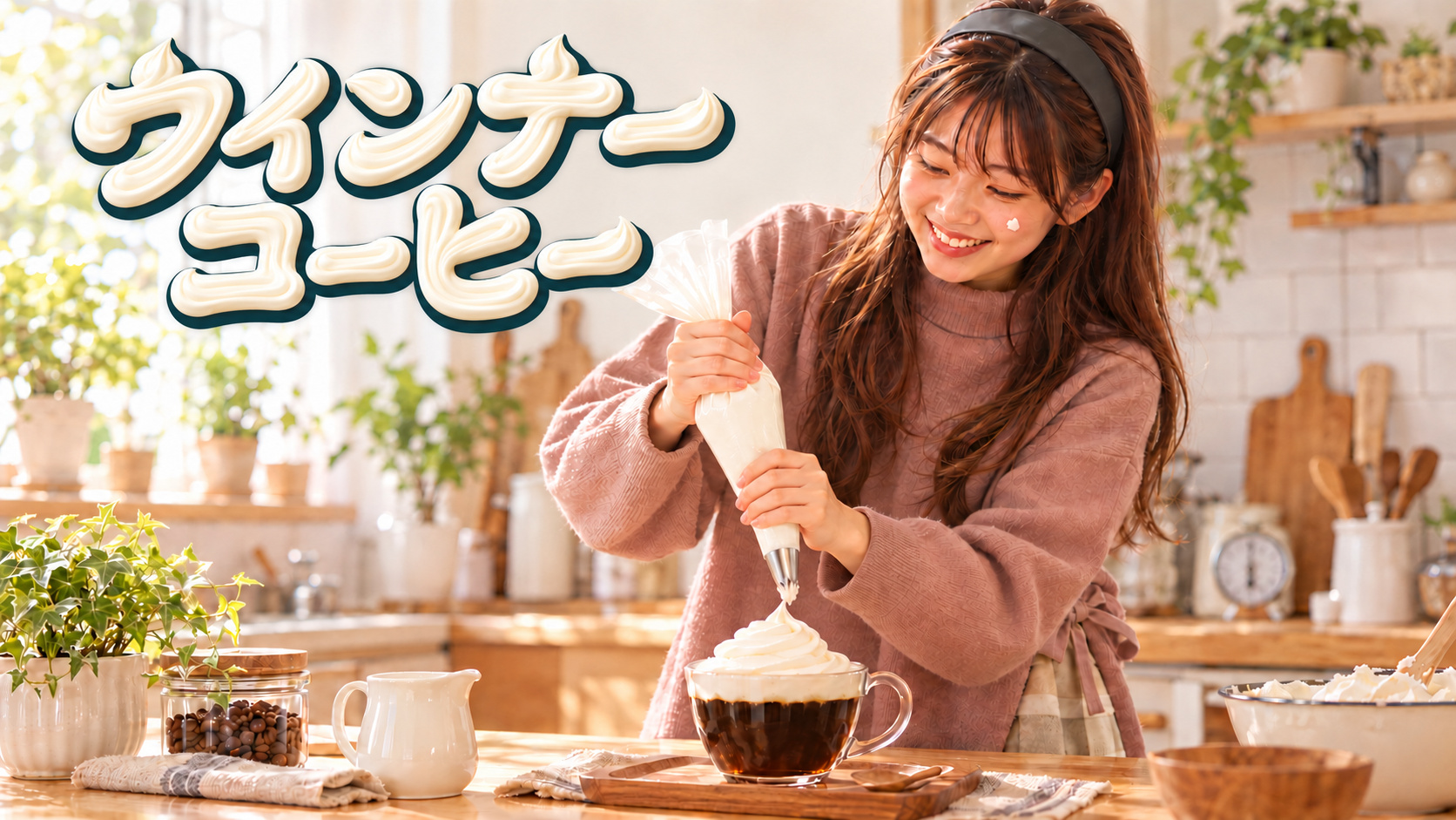 黒いヘアバンドとくすみピンクのトップスでホイップを絞る次女。クリームの丸みを表した「ウインナーコーヒー」のタイトル