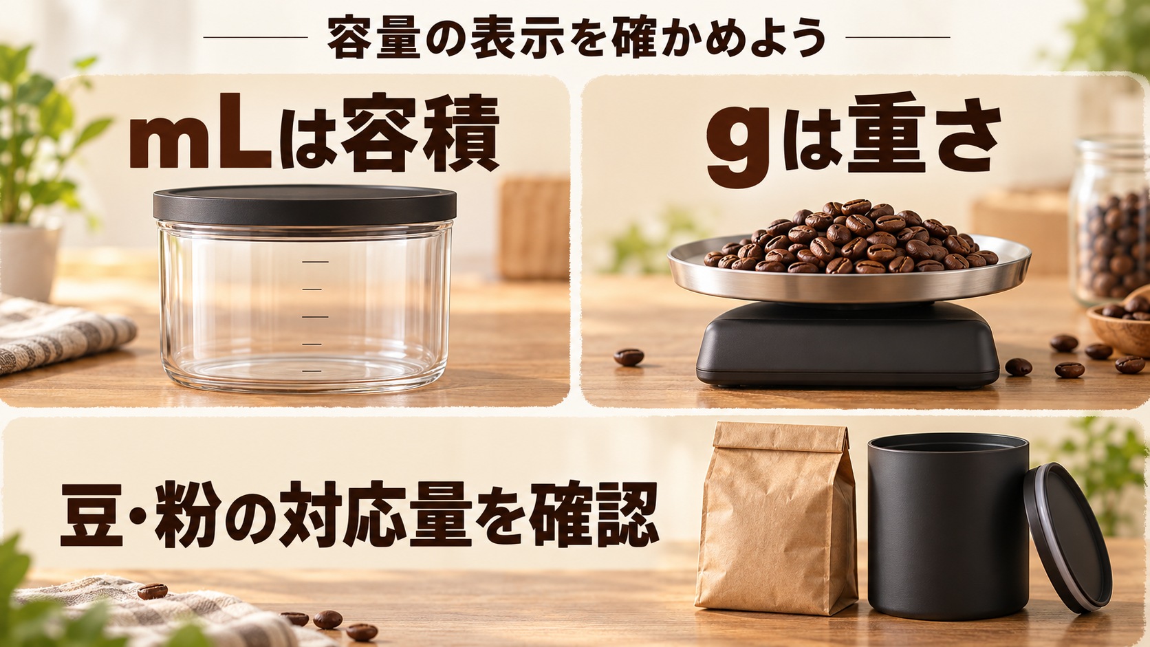 mLは容積、gは重さを表し、購入前にコーヒー豆と粉それぞれの対応量と袋の寸法を確認する図