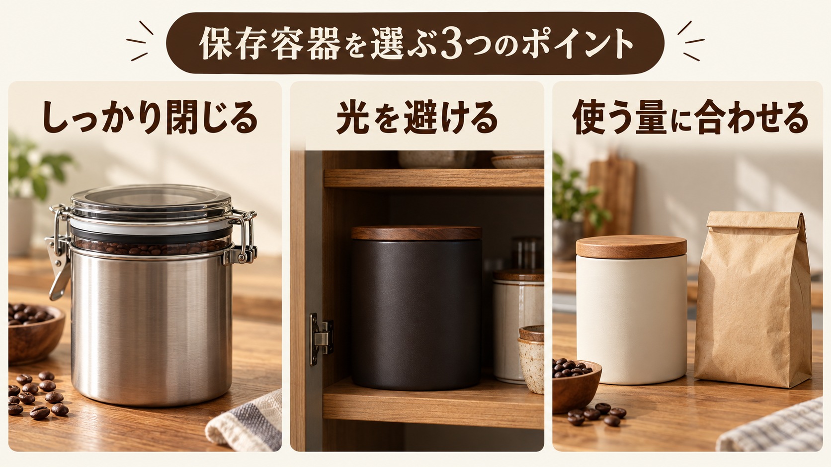 保存容器はしっかり閉じる、光を避ける、使う量に合わせるという三つのポイントで選ぶ