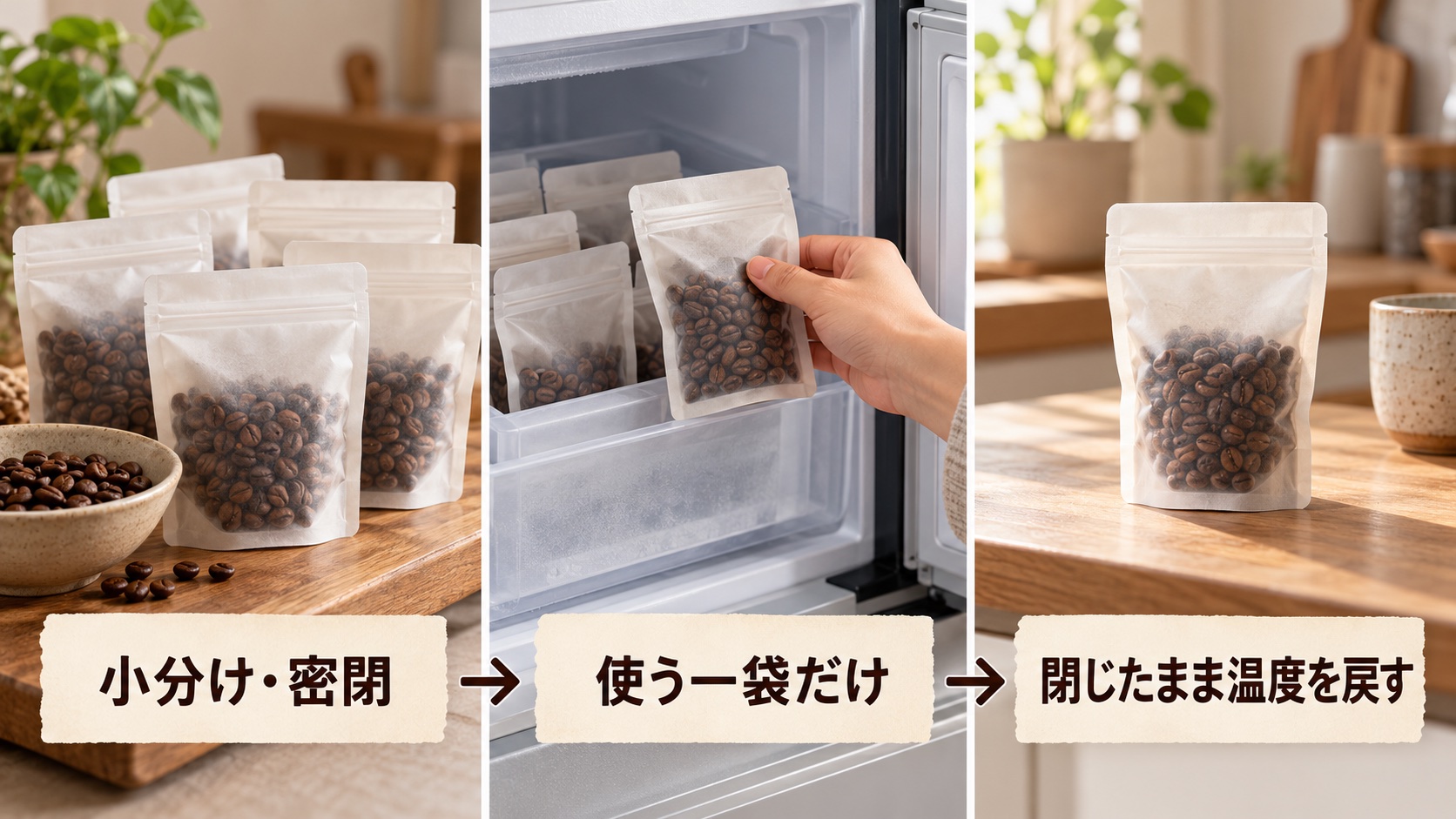 飲む分ずつ小分けにして密閉冷凍し、使う一袋だけ取り出して閉じたまま温度を戻す保存手順図