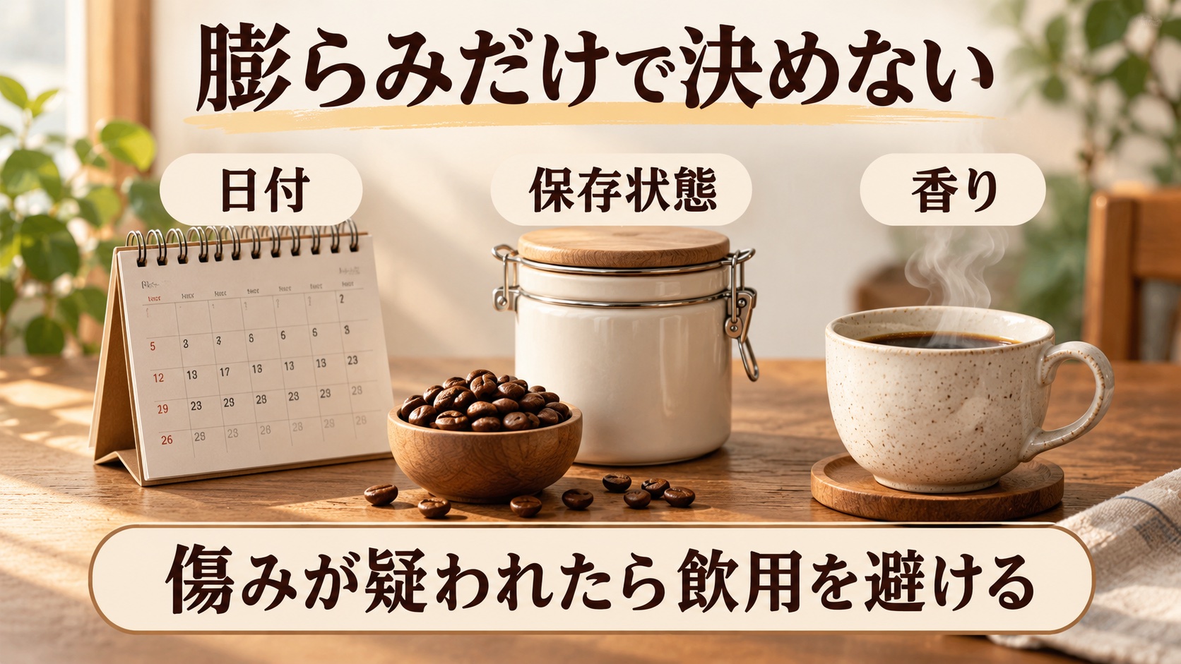 膨らみだけで決めず日付・保存状態・香りを合わせて見て、傷みが疑われる場合は飲用を避ける確認図