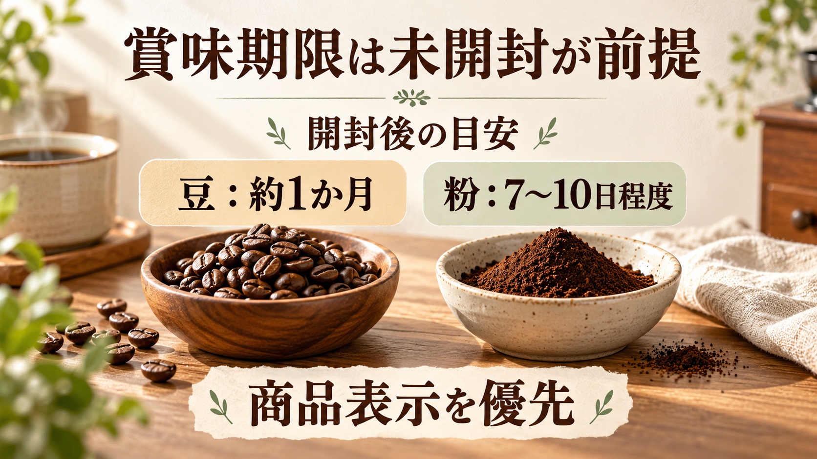 賞味期限は未開封が前提で、開封後の豆は約1か月、粉は7〜10日程度を風味の目安にし、商品表示を優先する要約図
