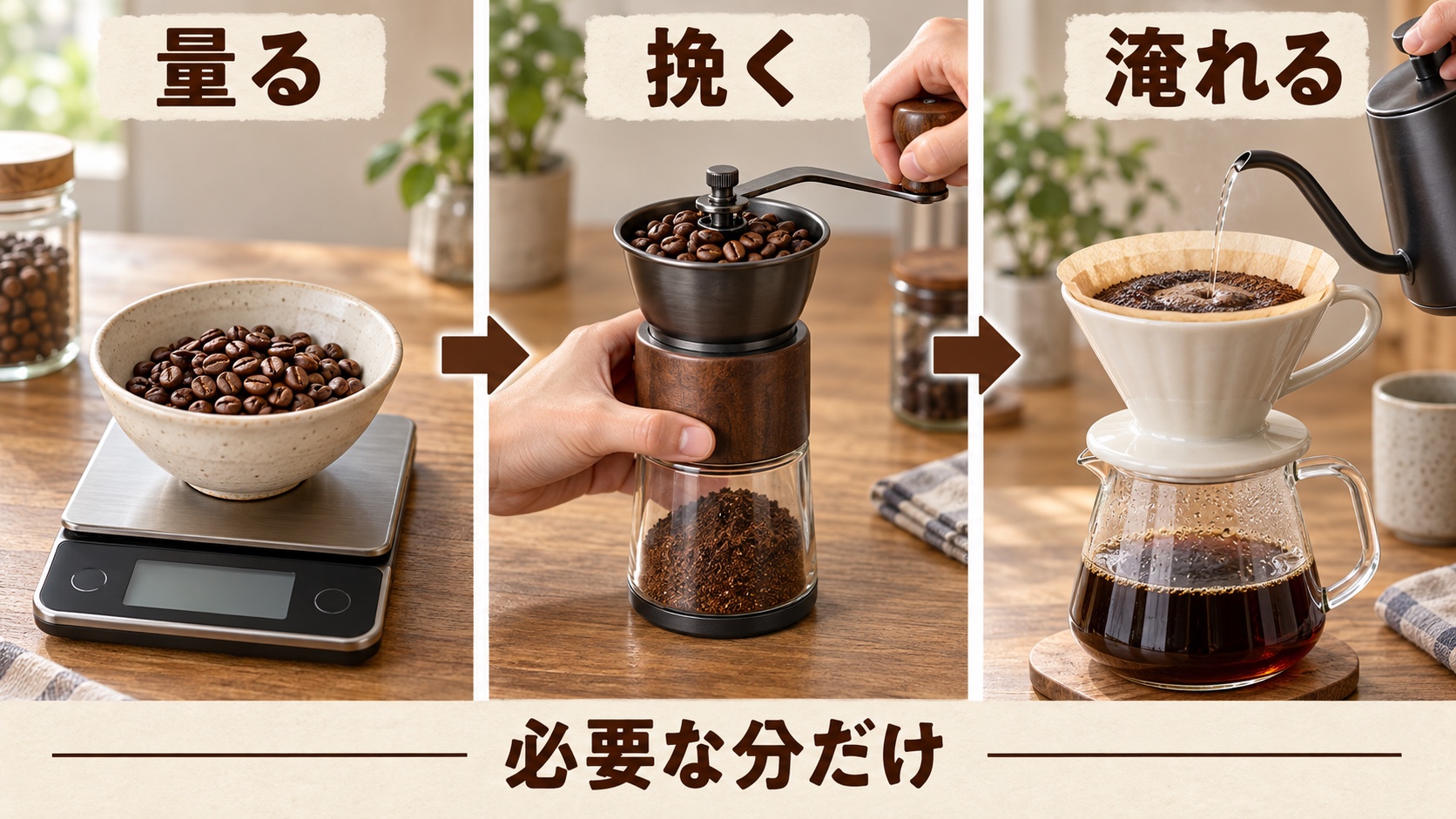 一杯分の焙煎豆を量り、ミルで挽いて、粉をドリッパーへ移して淹れる流れ