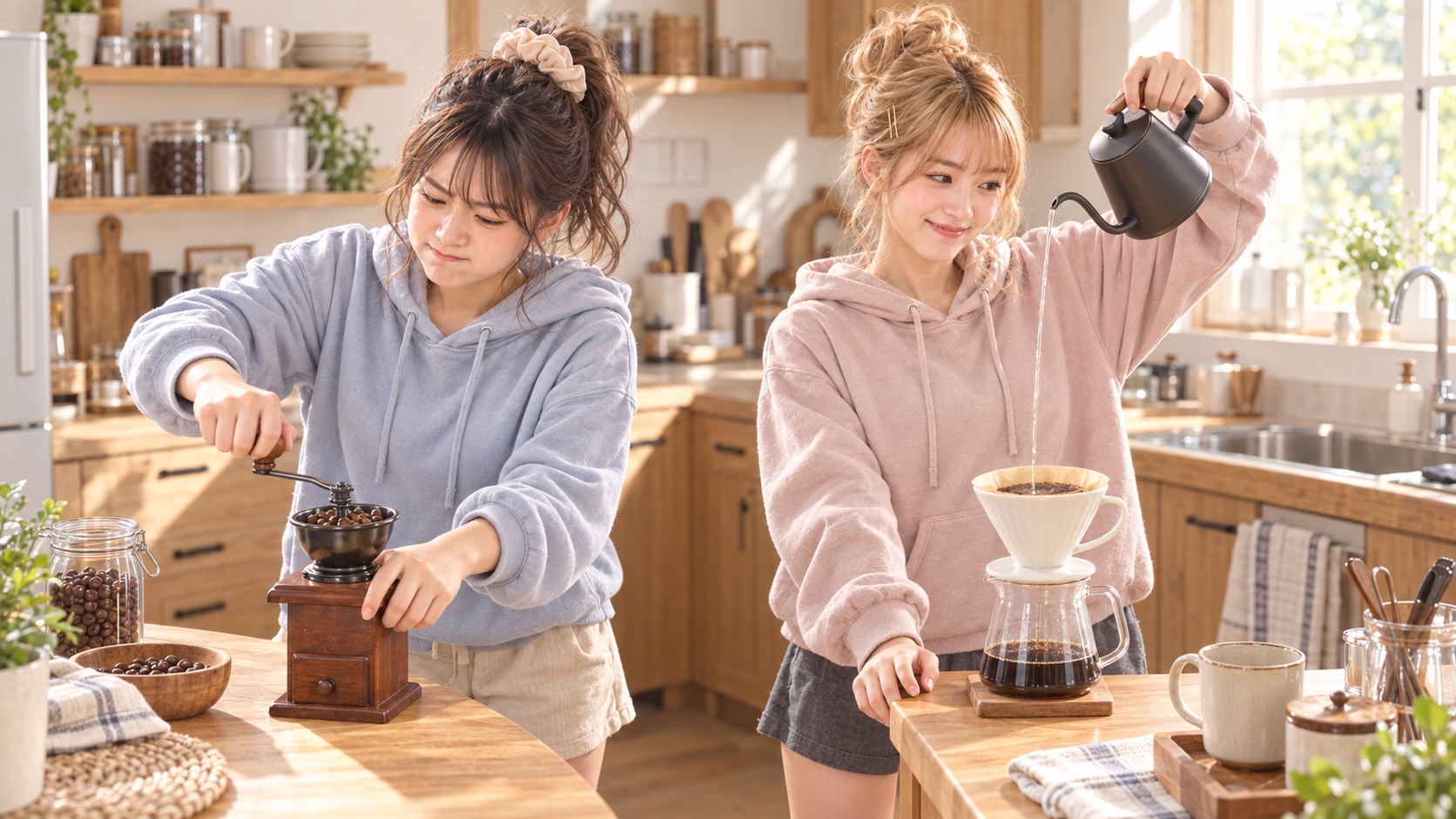 YUMEが一生懸命に豆を挽く隣で、HINATAが粉を使って余裕の表情でドリップする場面