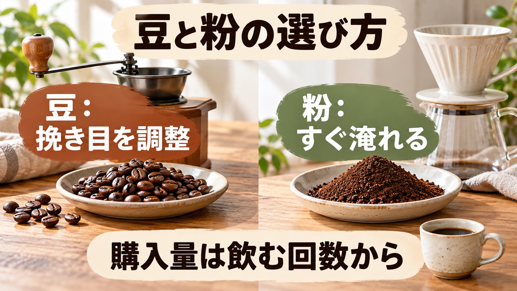 豆は挽き目を調整、粉はすぐ淹れる、どちらも飲む量から購入量を決める要約