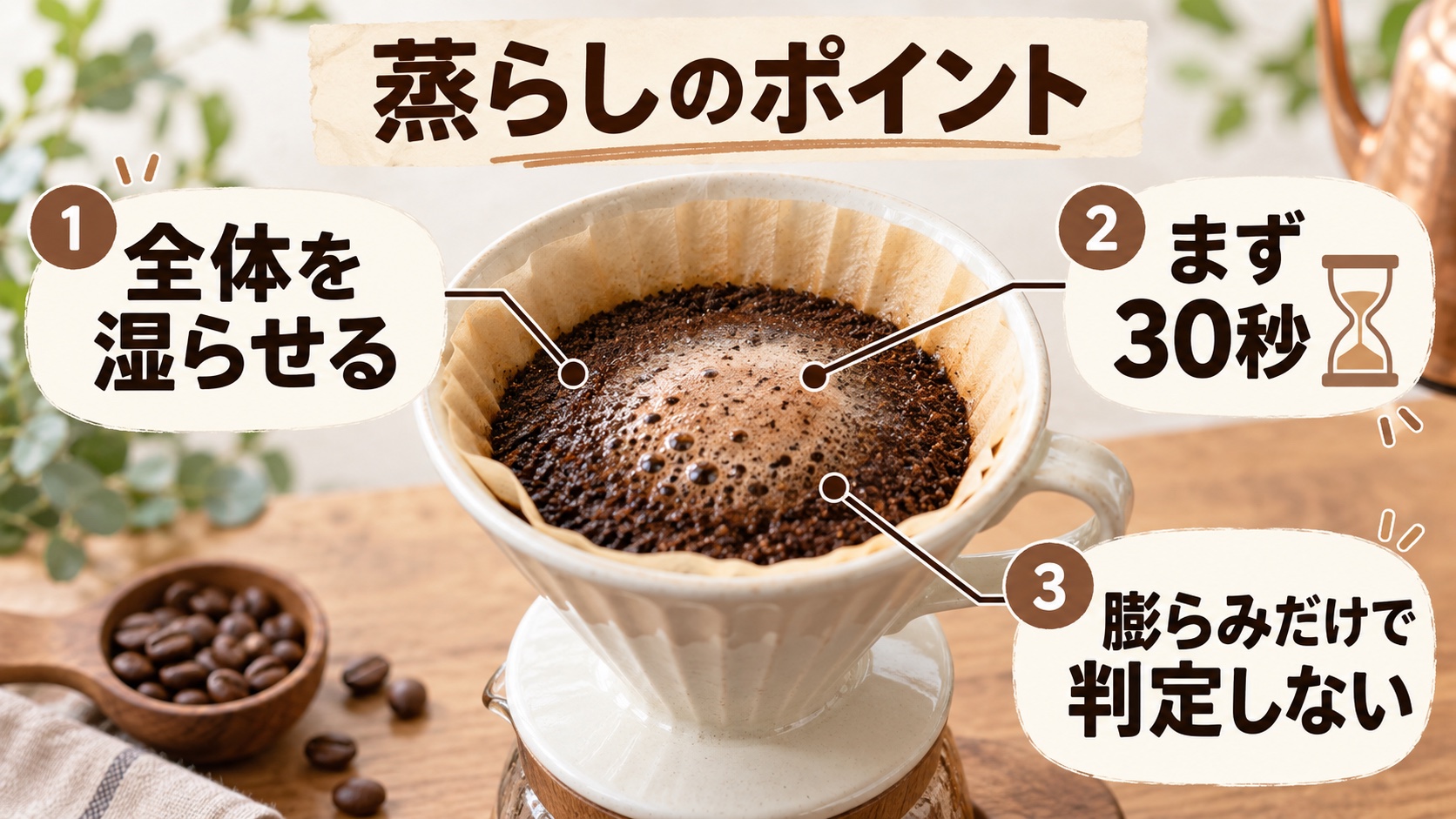 蒸らしの要点：全体を湿らせる、まず30秒、膨らみだけで判定しない