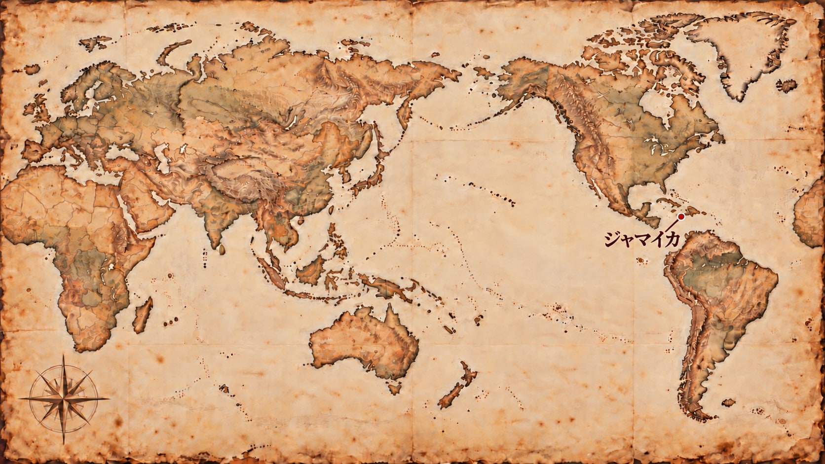 ブルーマウンテンの概略位置を示す日本中心の古紙風世界地図