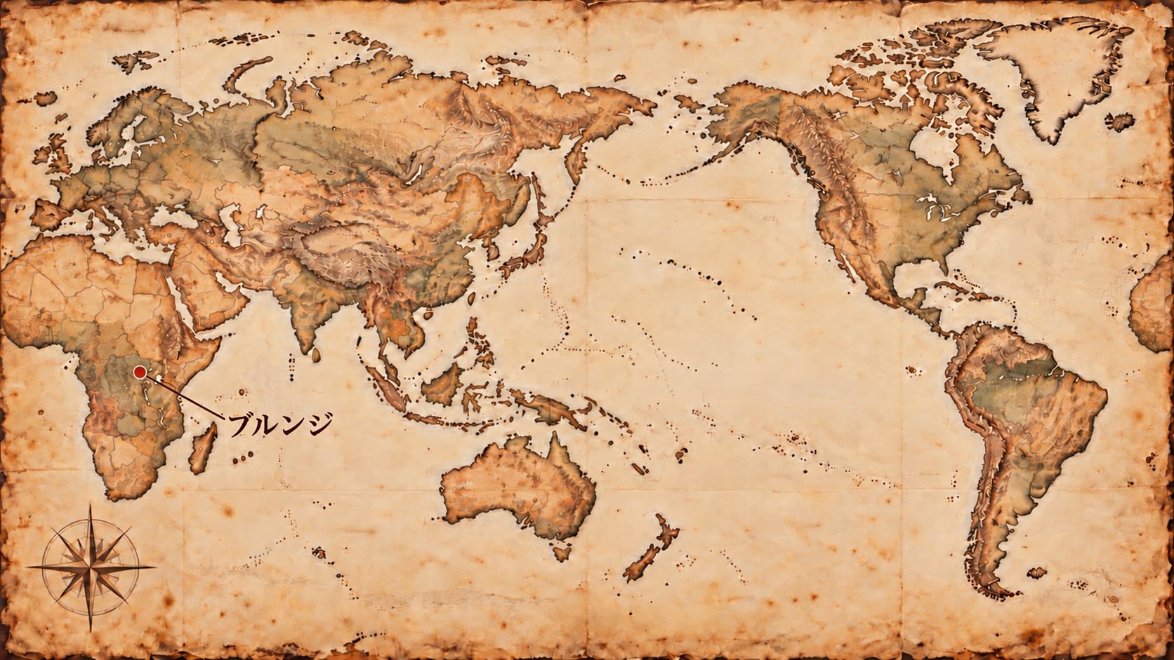 ブルンジの概略位置を示す日本中心の古紙風世界地図