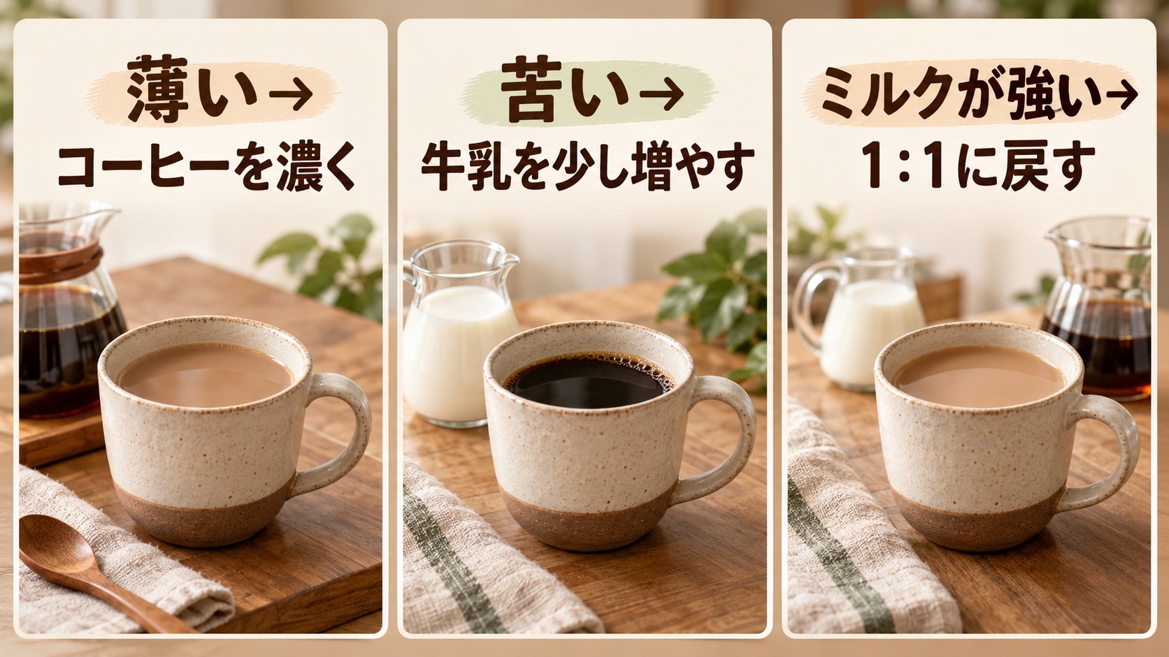 薄いならコーヒーを濃く、苦いならミルクを少し増やし、ミルクが強いなら比率を戻す味の調整図
