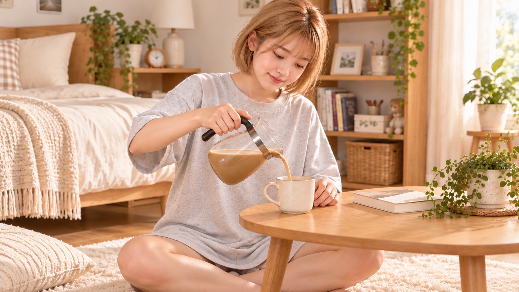 自分の部屋であぐらをかいてくつろぐHINATAが、サーバーのカフェオレをカップへ注ぐ場面