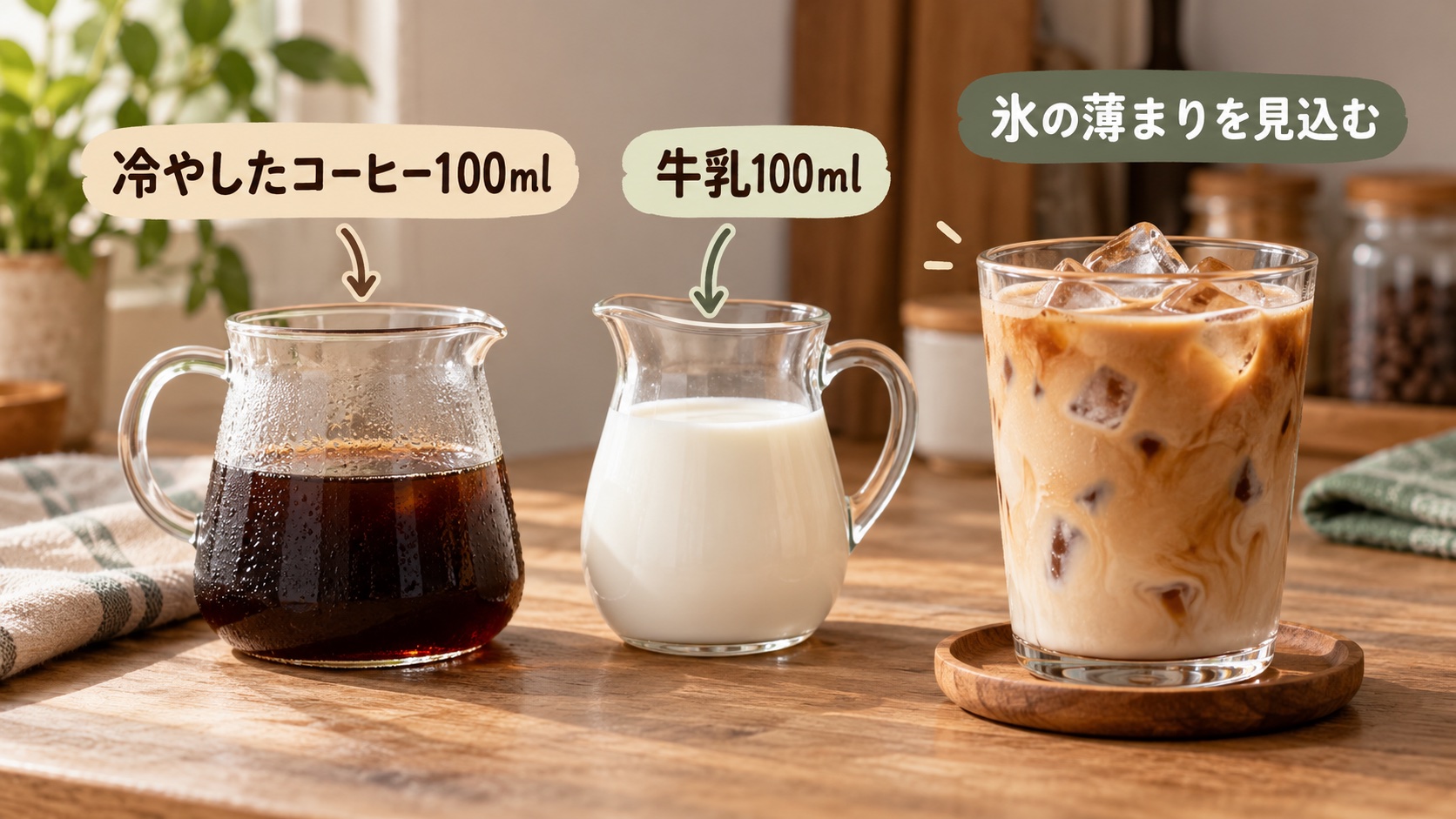 冷やしたコーヒー100mlと牛乳100mlを合わせ、氷による薄まりを考えるアイスカフェオレの図