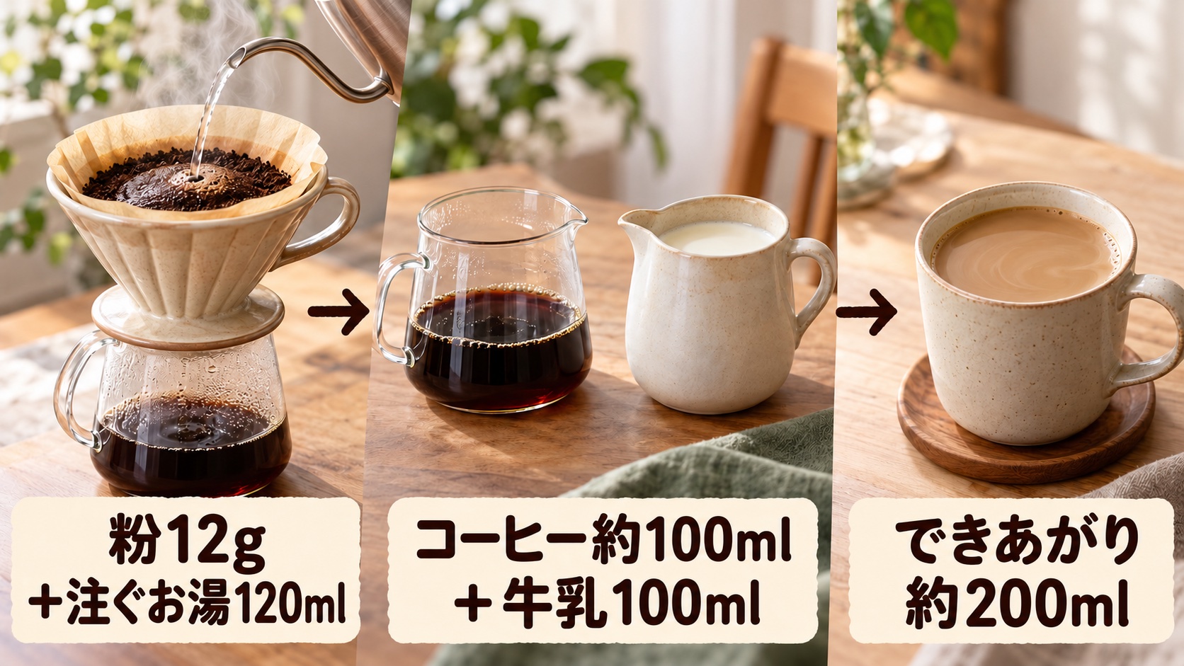 粉12gへお湯120mlを注いで得た約100mlのコーヒーと、温めた牛乳100mlを混ぜ、約200mlに仕上げる手順図
