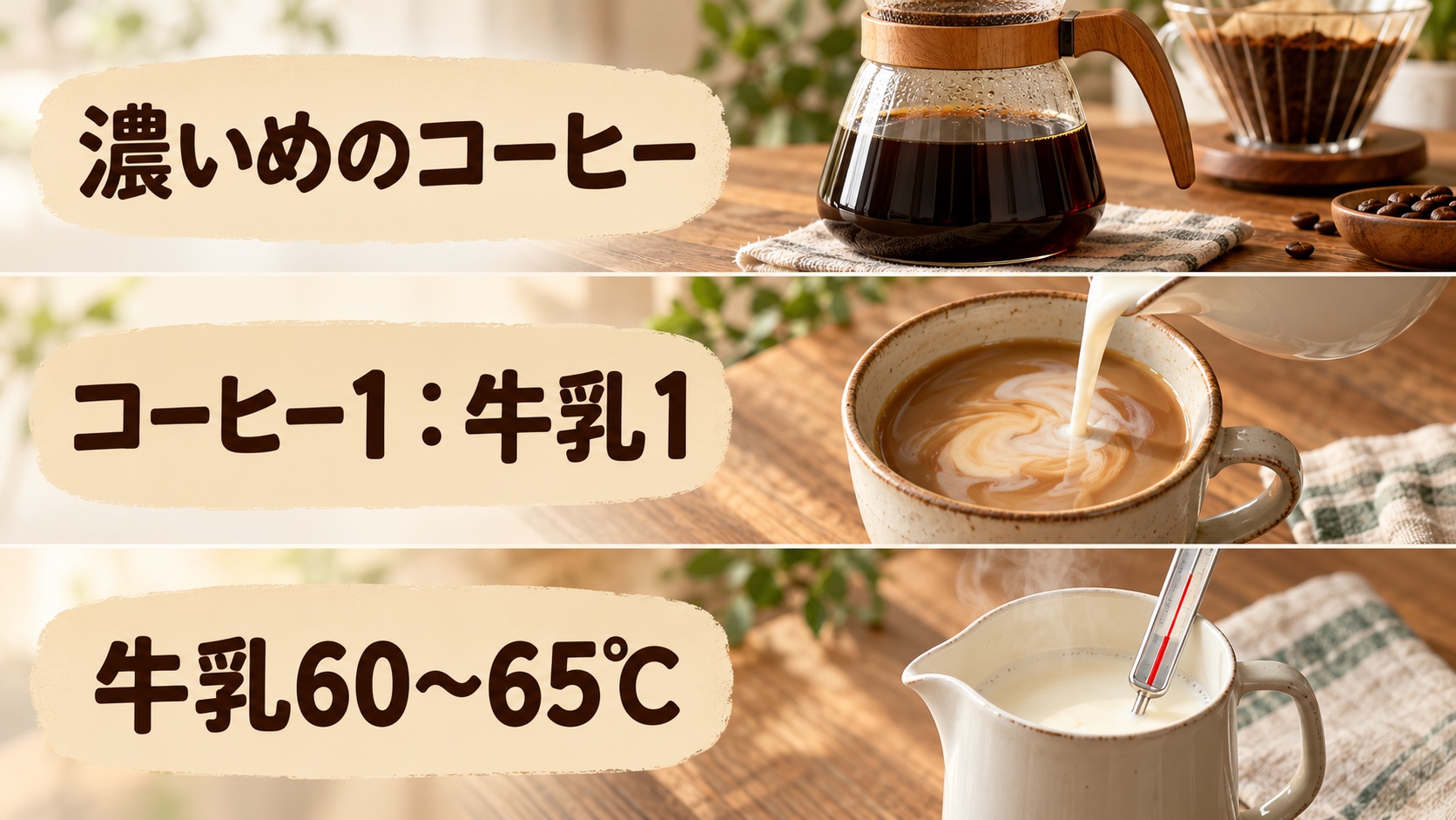 カフェオレは抽出したコーヒーと牛乳を1対1で合わせ、コーヒーを濃いめにし、牛乳を60〜65℃に温める三つの要点の図