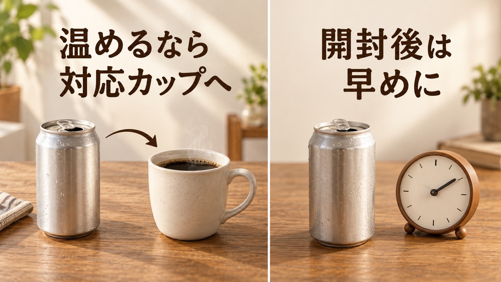 缶のまま電子レンジに入れず対応カップへ移すこと、開封後は早めに飲むことを伝える図。