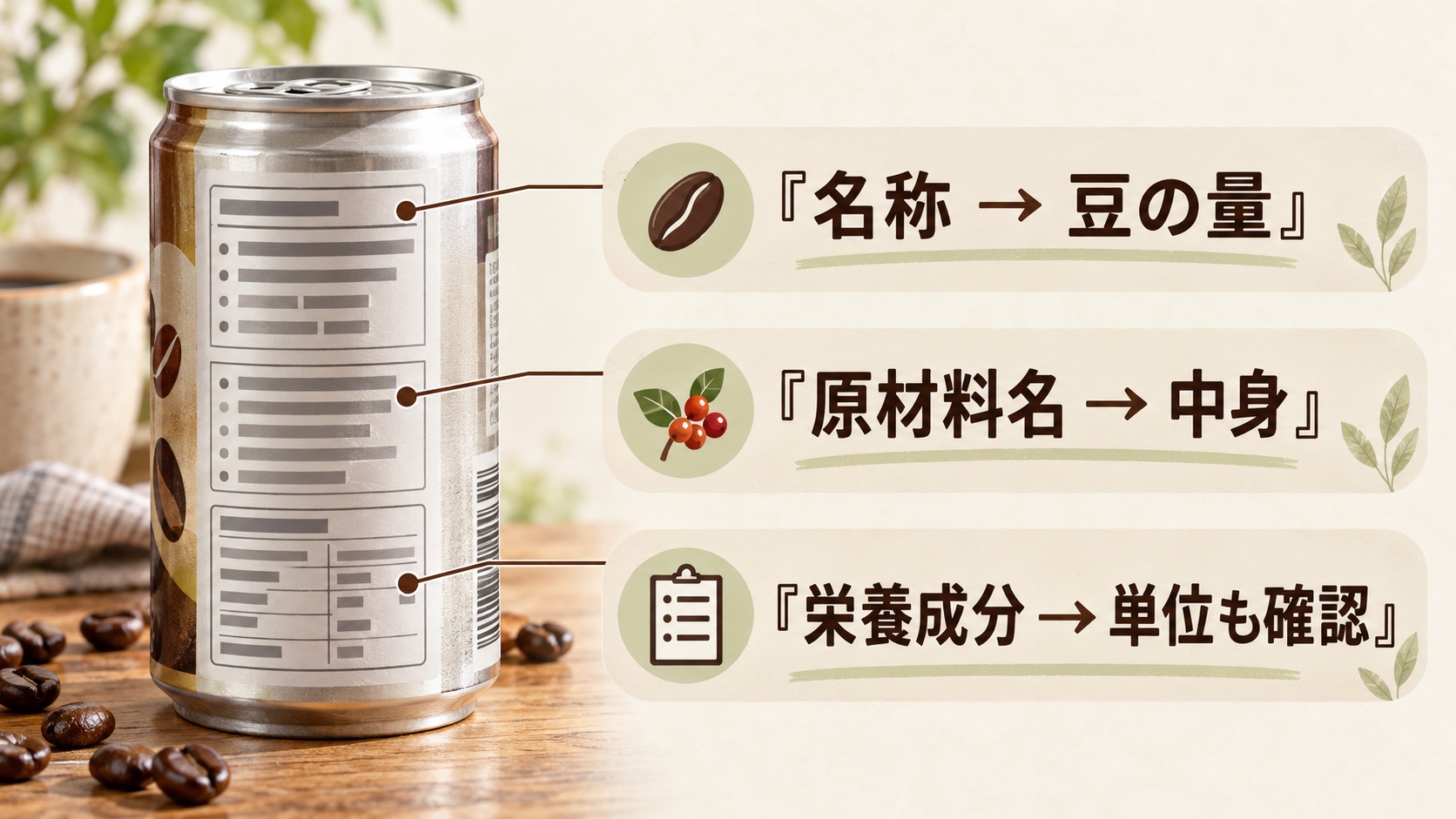 名称は豆の量、原材料名は中身、栄養成分表示は数値を確認する場所だと示した缶の表示の読み方。