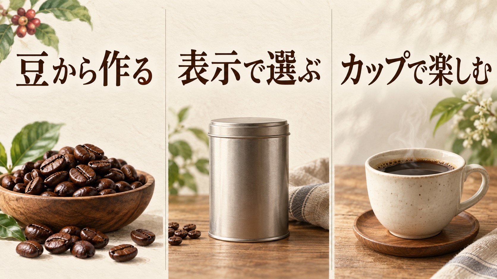 缶コーヒーを選ぶ三つの要点。豆から作る飲みもの、表示で甘さを確認、カップで香りを楽しむ。