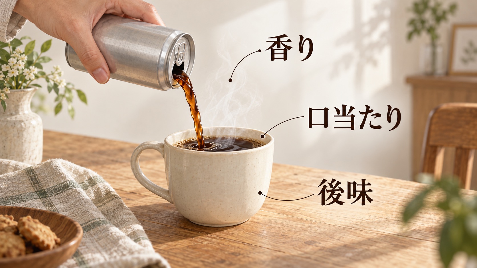 缶コーヒーをカップに注ぎ、香り、口当たり、後味の三つに注目して味わう様子。