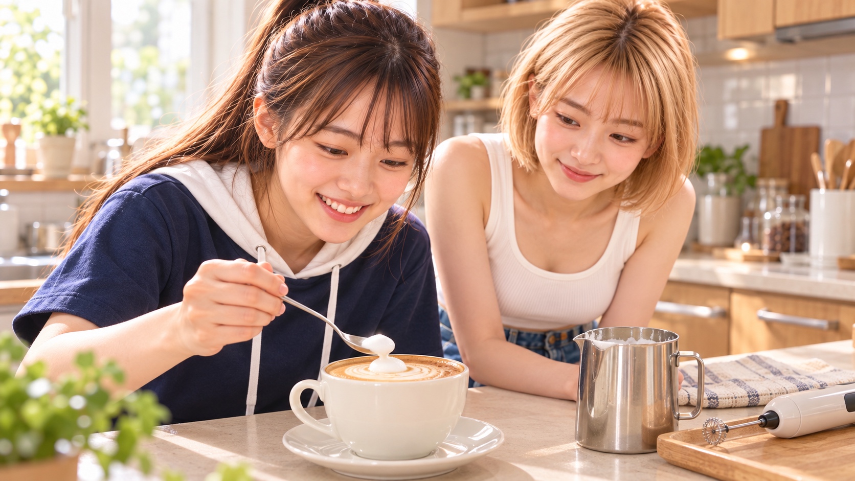 自宅キッチンで、YUMEがカプチーノに小さな泡をスプーンで添え、HINATAと仕上がりを見つめる。