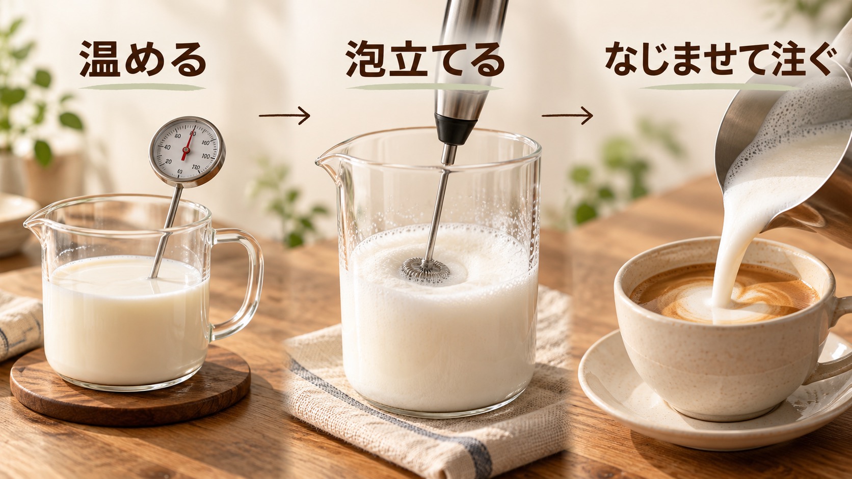温かい牛乳を用意し、細かな泡を作り、泡とミルクをなじませてエスプレッソへ注ぐ流れ。