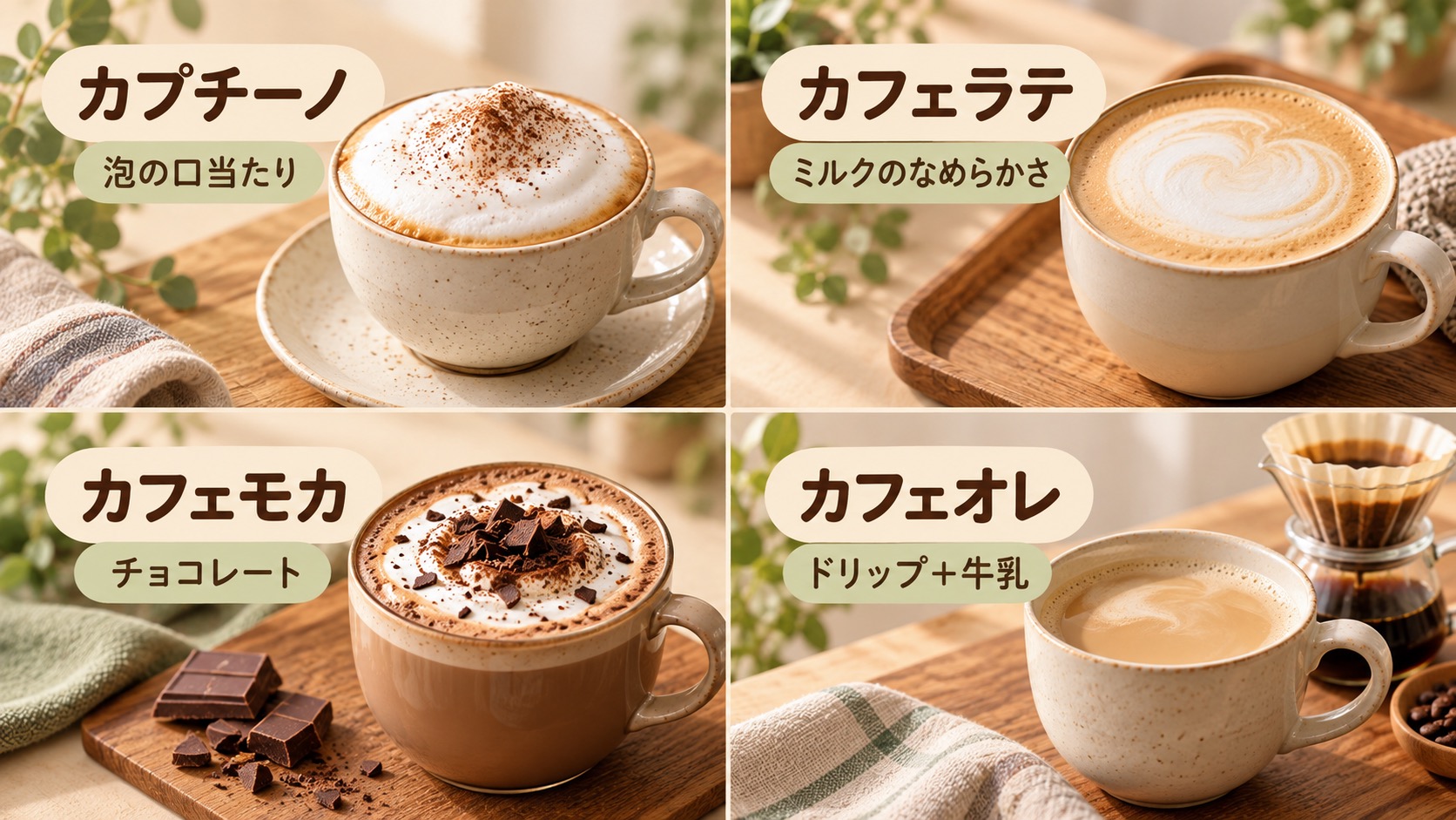 4種類の違い。カプチーノは泡の口当たり、ラテはミルクのなめらかさ、モカはチョコレート、オレはドリップなどのコーヒーが手がかり。