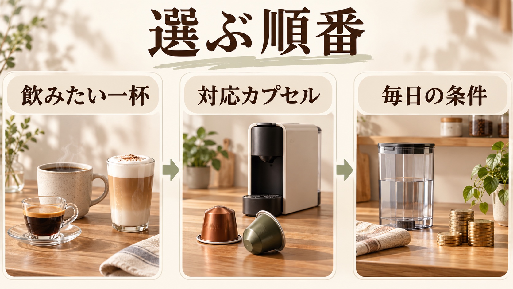 カプセル式マシンを選ぶ順番として、飲みたい一杯・対応カプセル・毎日の条件を整理した要約図解