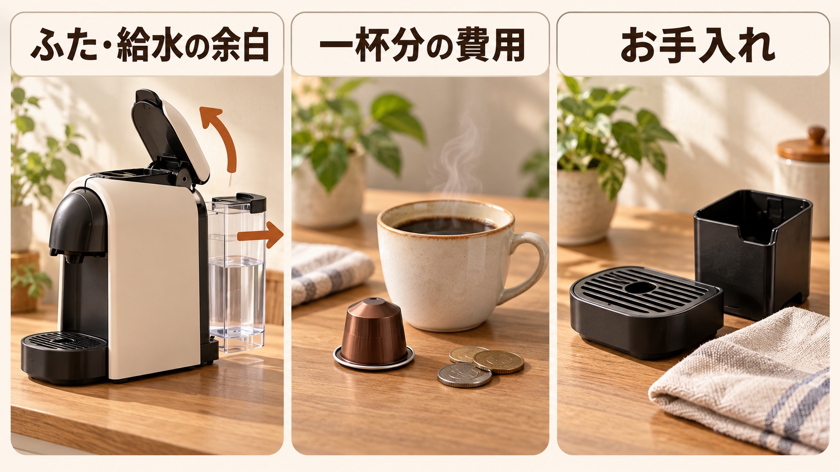 購入前に確認する、ふたと給水の余白・一杯分の費用・お手入れの三点を整理した図解